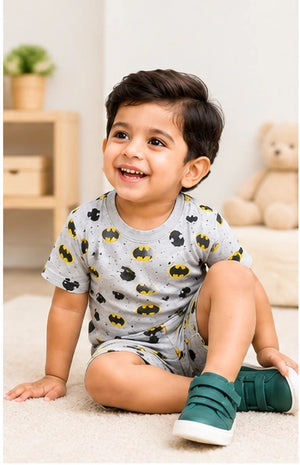 Boys Grey Superhero Print Cotton T-Shirt & Shorts Co-Ord Set | Kidswear by Amoura Kids