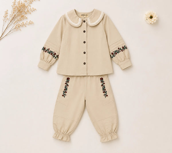 Ivory Embroidered Girls Co-ord Set | Premium Kidswear by Amoura Kids