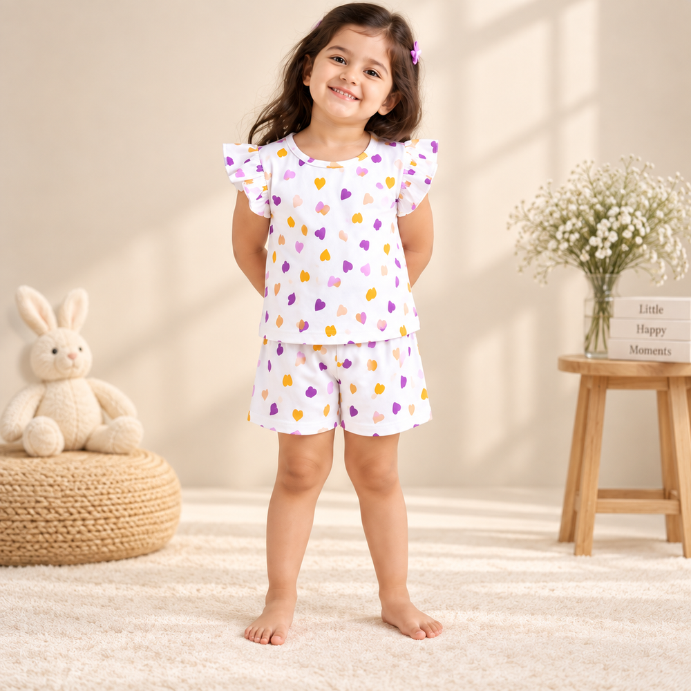 Trending Purple & Yellow Heart Print Cotton Co-Ord Set | Kidswear by Amoura Kids