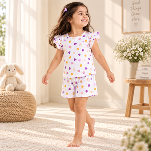 Trending Purple & Yellow Heart Print Cotton Co-Ord Set | Kidswear by Amoura Kids