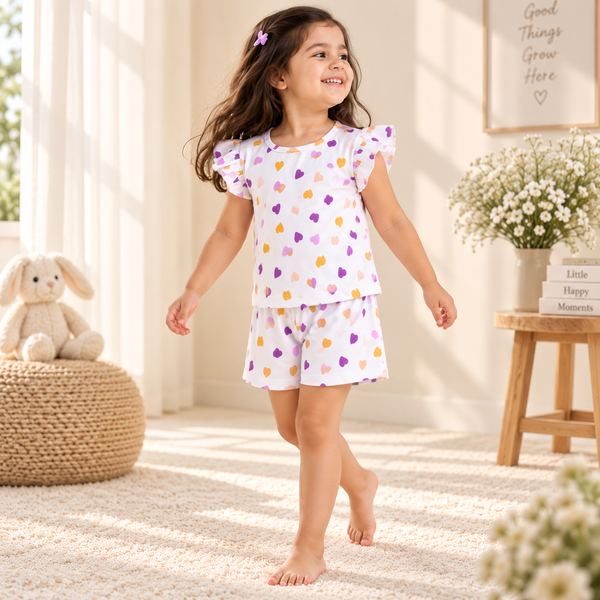 Trending Purple & Yellow Heart Print Cotton Co-Ord Set | Kidswear by Amoura Kids