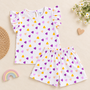 Trending Purple & Yellow Heart Print Cotton Co-Ord Set | Kidswear by Amoura Kids