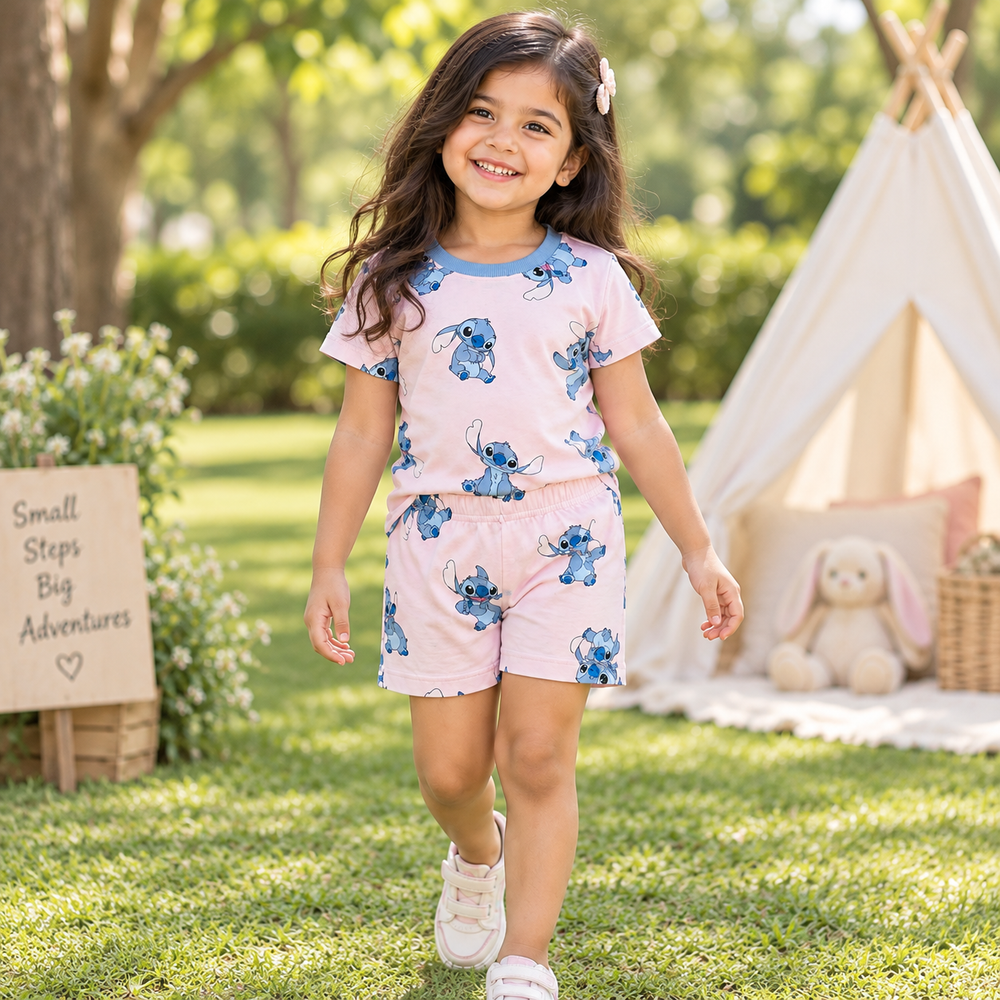 Trending Pink Cartoon Print Cotton Co-Ord Set | Kidswear by Amoura Kids