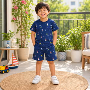 Navy Blue Nautical Print T-Shirt & Shorts Co-Ord Set | Kidswear by Amoura Kids