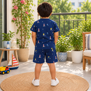 Navy Blue Nautical Print T-Shirt & Shorts Co-Ord Set | Kidswear by Amoura Kids