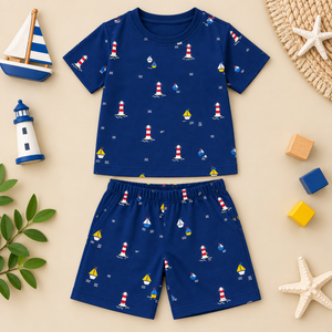 Navy Blue Nautical Print T-Shirt & Shorts Co-Ord Set | Kidswear by Amoura Kids