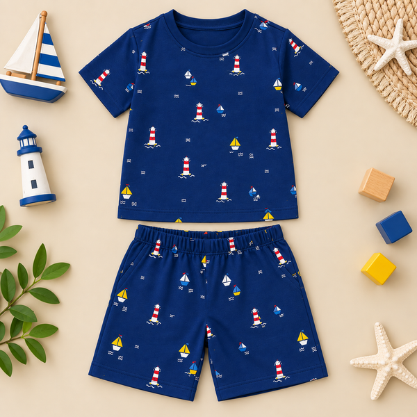 Navy Blue Nautical Print T-Shirt & Shorts Co-Ord Set | Kidswear by Amoura Kids