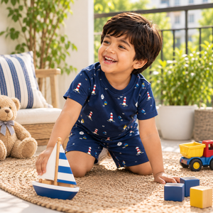 Navy Blue Nautical Print T-Shirt & Shorts Co-Ord Set | Kidswear by Amoura Kids