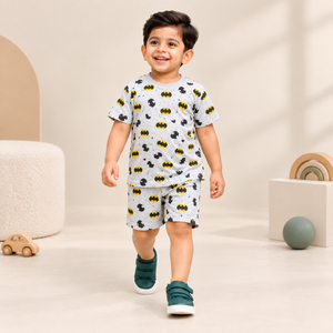 Boys Grey Superhero Print Cotton T-Shirt & Shorts Co-Ord Set | Kidswear by Amoura Kids