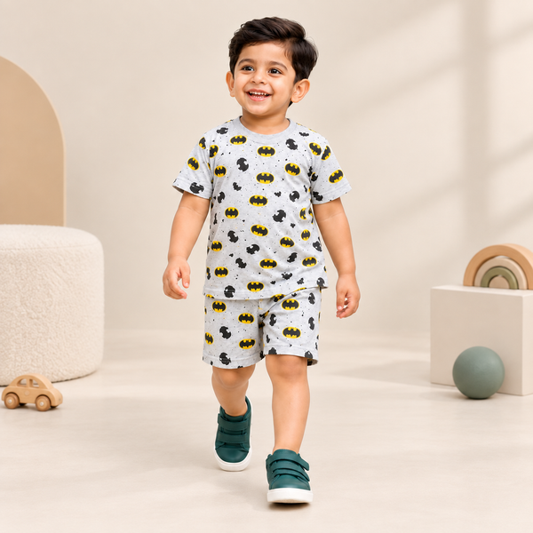 Boys Grey Superhero Print Cotton T-Shirt & Shorts Co-Ord Set | Kidswear by Amoura Kids