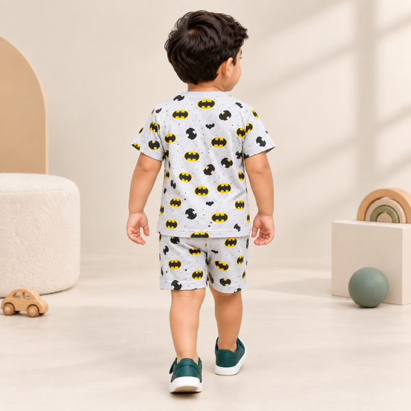 Boys Grey Superhero Print Cotton T-Shirt & Shorts Co-Ord Set | Kidswear by Amoura Kids