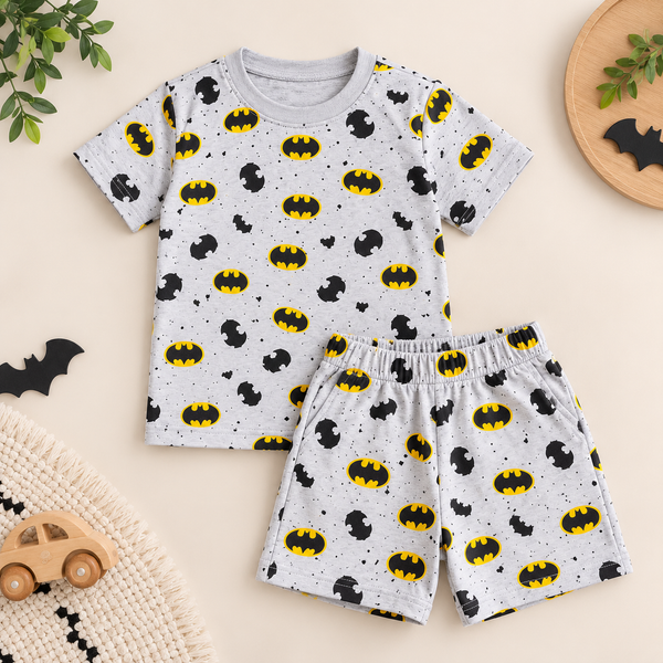Boys Grey Superhero Print Cotton T-Shirt & Shorts Co-Ord Set | Kidswear by Amoura Kids